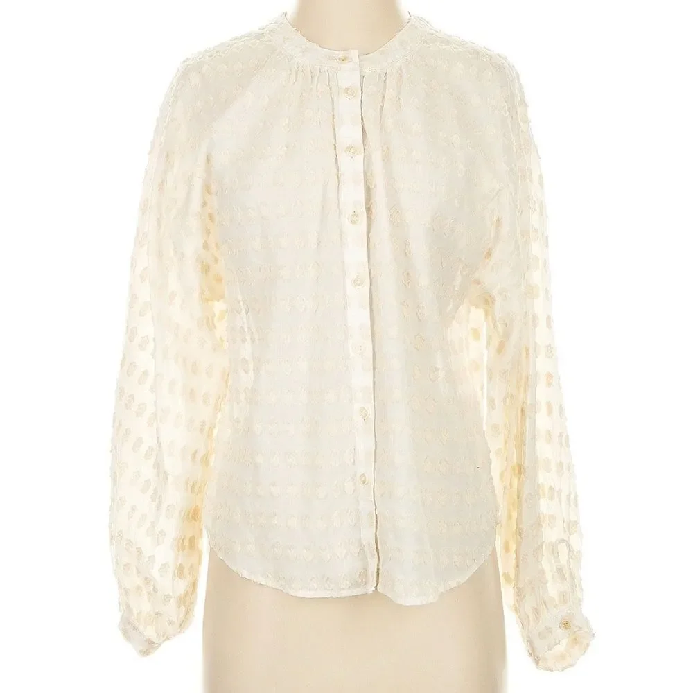 Anthropologie Pilcro Ivory Puff Sleeve Peasant Buttondown Top Cotton Boho Size S